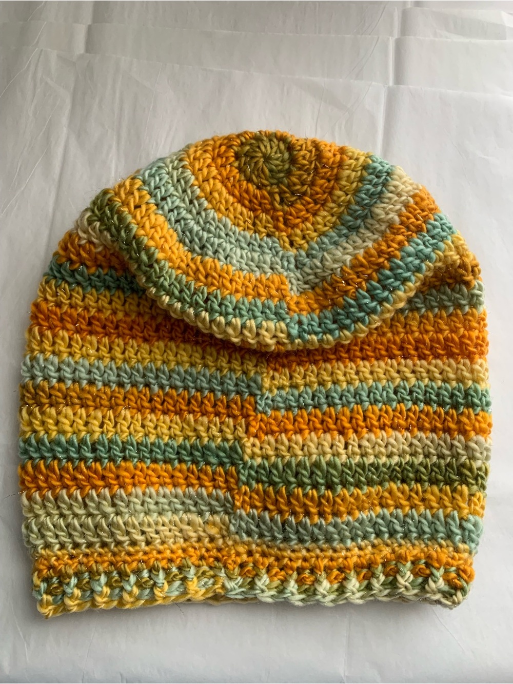 HAND CRAFTED Striped Crochet Slouch Beanie NEW Mustard Yellow Sage Green Ivory - Picture 3 of 7